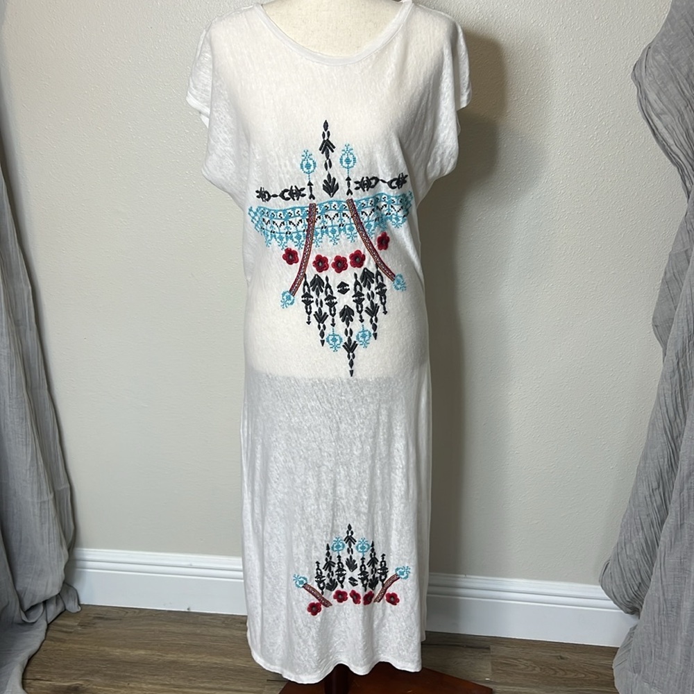 JOHNNY WAS Linen Midi Shirt Dress Cover Up Sheer Embroidery Loose Beach S READ - Picture 3 of 16